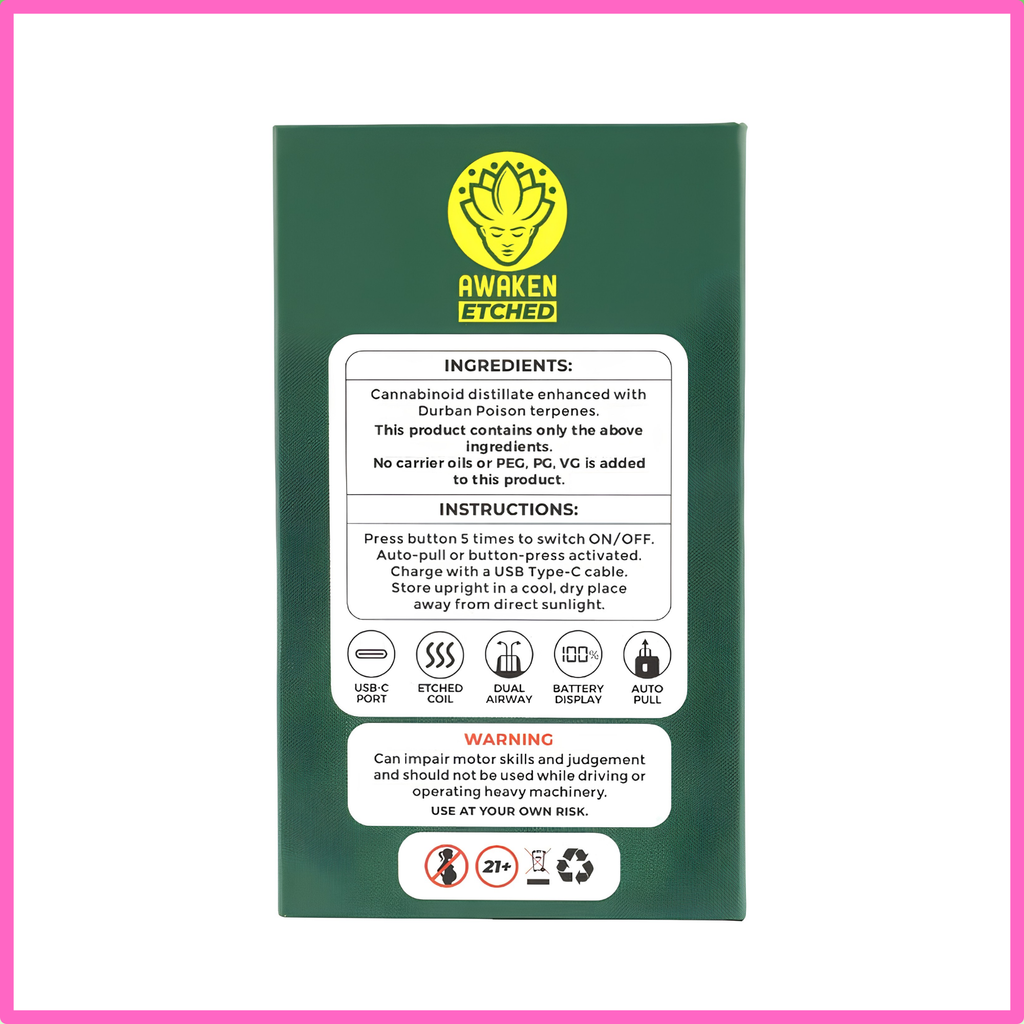 Awaken® Etched Disposable Vape 1ml - Durban Poison (Sativa)