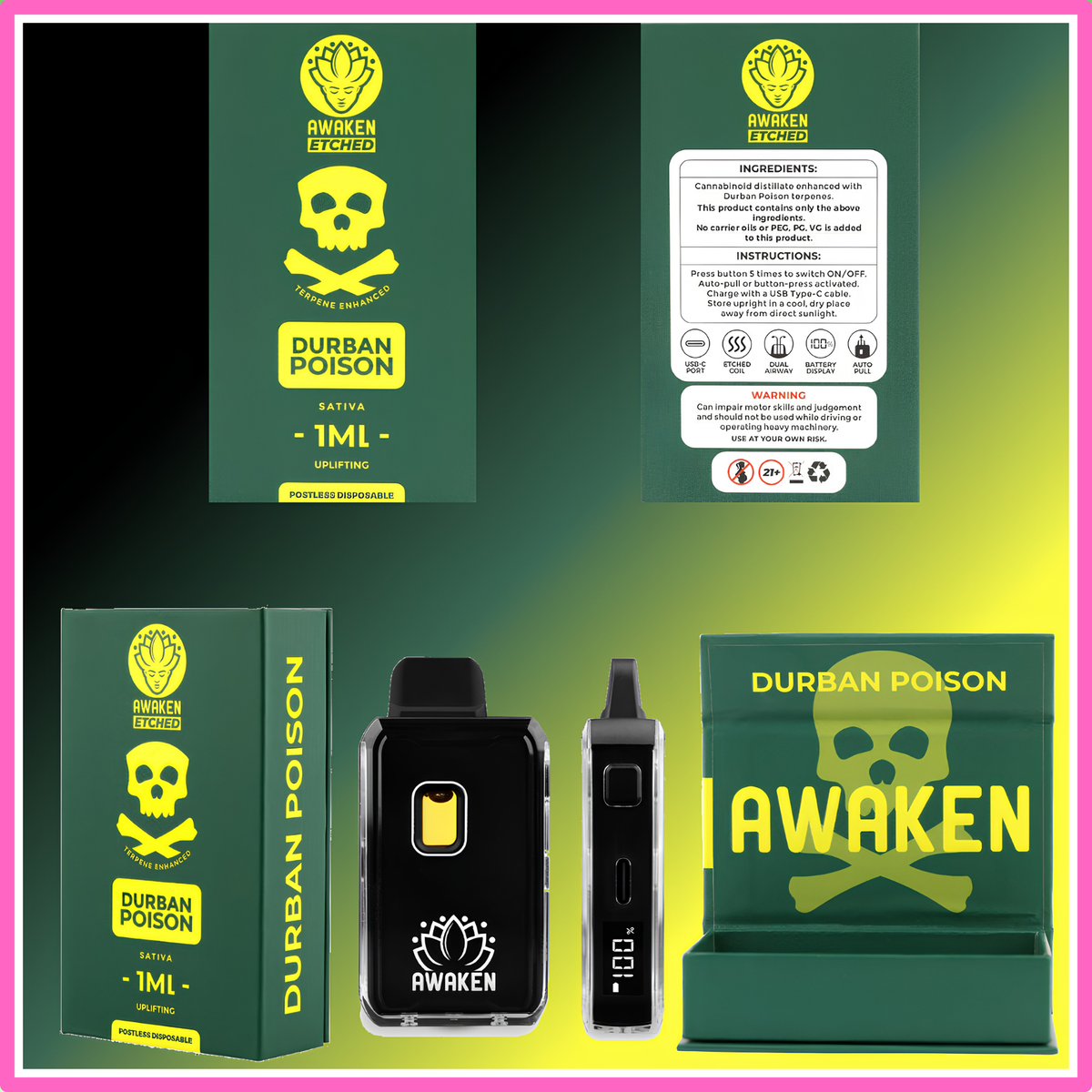 Awaken® Etched Disposable Vape 1ml - Durban Poison (Sativa)